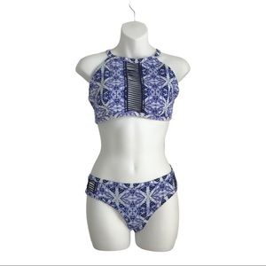 Adore Me Geometric Halter Crochet Bikini Blue L/M